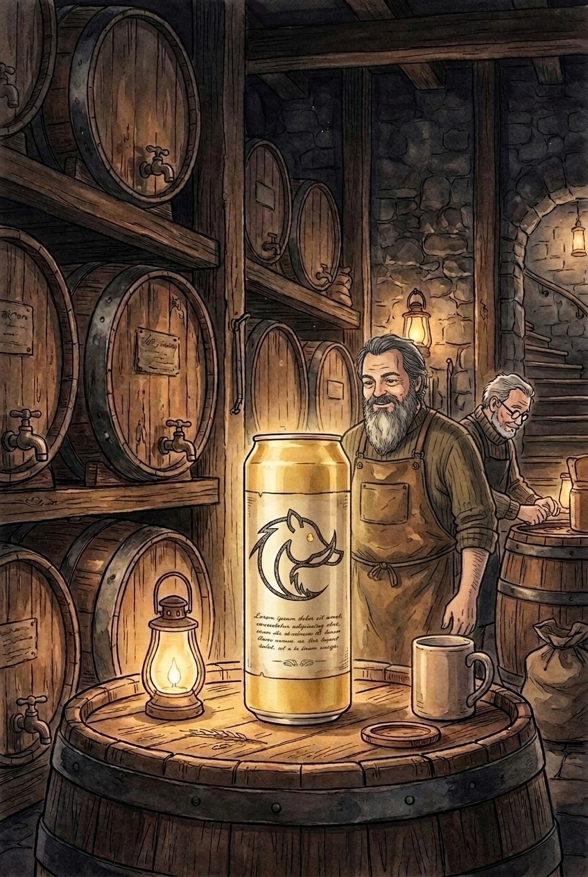 Il mastro birraio del Birrificio Vecchio Cinghiale nel suo birrificio tradizionale — illustrazione stile Studio Ghibli